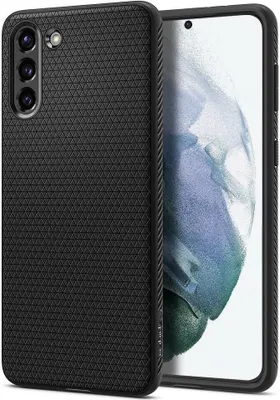 A black phone case is shown next to a smartphone.