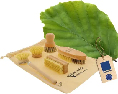 Produktbild von ® Bürsten-Set Holz 5-teilig – Spülbürste, Gemüsebürste, Topfbürste und 2 Ersatzköpfe, Naturborsten, plastikfrei, Handarbeit (1 Set)