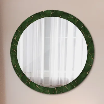 Produktbild von Ø90cm Spiegel - Glasrahmen mit Aufdruck - Wandspiegel Schlafzimmer - abstrakt Blatt