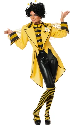 A woman in a bee costume posing against a white background.