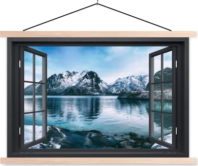 Produktbild von MuchoWow® Textilposter Aussicht - Berg - Wasser 60x40 cm mit holzfarbenen Rahmen - Bilder