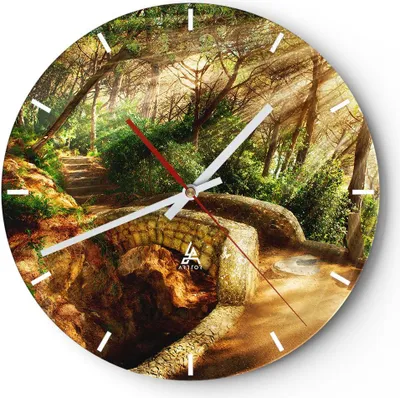 Produktbild von Wanduhr - Rund - Glasuhr - Pfad Steinbrücke Wald Herbst - 40x40cm - Schleichendes Uhrwerk - Lautlos - zum Aufhängen bereit - Dekoration Modern - Wanddekoration aus Glas - C3AR40x40-2800