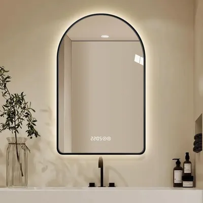 Image de Miroir de salle de bain LED, forme en arc, 70x120 cm, miroir mural avec éclairage, cadre noir, variateur d'intensité, affichage de l'heure et de la température, fonction anti-buée, miroir intelligent