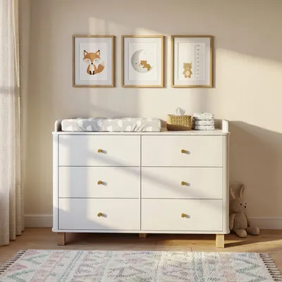 Produktbild von Wickelkommode mit 6 Schubladen, Baby Wickeltisch Weiß, Kommode mit abgerundeten Kanten & goldenen Griffen, Sideboard für Babyzimmer, 120x45x90 cm