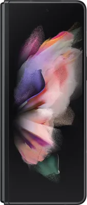 A close-up, front-facing view of a black Samsung Galaxy Z Fold 3 5G smartphone, shown in its folded state with a colorful abstract wallpaper displayed on the screen.