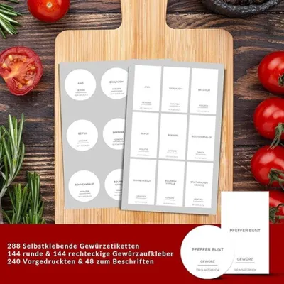 Produktbild von 288 Stück Gewürzetiketten selbstklebend rund & rechteckig, wasserfeste Gewürzaufkleber für Vorratsgläser, Küchen Organisation Set