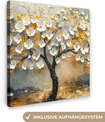 Produktbild von MuchoWow® - Leinwandbilder - Baum - Blumen - Gold - Beige, Wandbild, Wanddeko Bilder Wohnzimmer, 90x90 cm