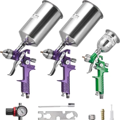 Produktbild von VEVOR 3-tlg. Farbsprüh-Set, Lackierpistole, Spritzpistole mit 3 Düsen (1/1,4/1,8 mm), 3 Bechern und Luftregler, Schwerkraft-Autolack-Sprühgerät für Grundierung, Decklack und Ausbesserung