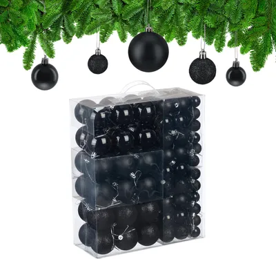 Image de Lot de 138 boules de Noël Relaxdays, en plastique, boules scintillantes, mates et brillantes, décorations pour sapin de Noël, noir