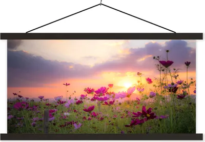 Produktbild von MuchoWow® Textilposter Sonnenuntergang - Blumen - Rosa - Natur - Grün 60x30 cm mit schwarzem Rahmen - Textilien