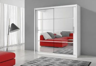 Produktbild von Schiebeschrank Dakota 160 cm mit Spiegel, Kleiderschrank Schlafzimmer, Wohnzimmer - 160 x 215 x 61 Farbe: Weiß, Schwebetürenschrank mit 2 Kleiderstange und Ablagen; Mehrzweckschrank