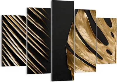 Produktbild von Bild auf Leinwand - Leinwandbild - 5 Teile - Golden Blatt Monstera - 150x100cm - Wand Bild - Wanddeko - Wandbilder - Leinwanddruck - Bilder - Wanddekoration - Leinwand bilder - EA150x100-5028