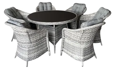 Immagine prodotto di MODERNO GRANDE | Set di mobili da giardino - 7 pezzi - Grigio chiaro - Polyrattan - Tavolo da pranzo - Design moderno