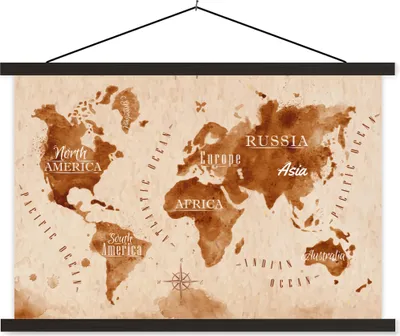 Produktbild von MuchoWow® Textilposter Weltkarte - Farbe - Braun - Vintage 60x40 cm mit schwarzem Rahmen - Hölzernes