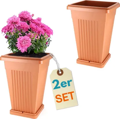 Produktbild von 2er Set Pflanzkübel Pyramide Pflanzkübel Groß Außen Blumenkübel Outdoor Pflanztopf Pflanzkasten Blumentopf mit Untersetzer Rechteckig 50 Terrakotta