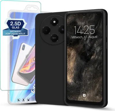 A black phone case and screen protector are displayed on a white background.