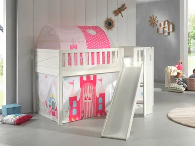 Image de VIPACK - Lit de jeu SCOTT, LF 90 x 200 cm, avec sommier à lattes, toboggan, échelle et set textile rideau et tunnel "Princess