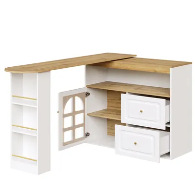 Produktbild von Flieks Stehtisch 360°drehbar, ausziehbarer Bartisch mit Sideboard, Esstisch Essbar 138-204x39x104 cm, Schrank mit Glastür und Schubladen, weiß