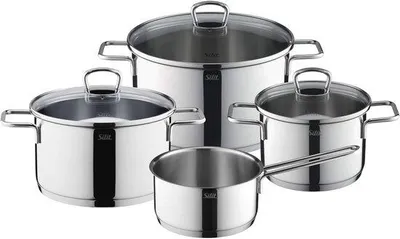 Image de Ensemble de casseroles à induction Famanu, 4 pièces, avec couvercles en verre - Acier inoxydable