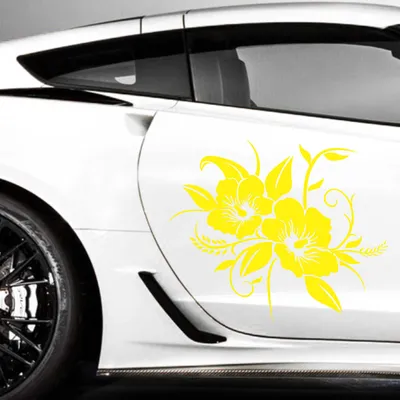 Produktbild von Aufkleber - 2er Set Autoaufkleber "Hibiskusblüten" je 60cm x 72cm gelb - Tuning Carystyling Heckscheibe Auto