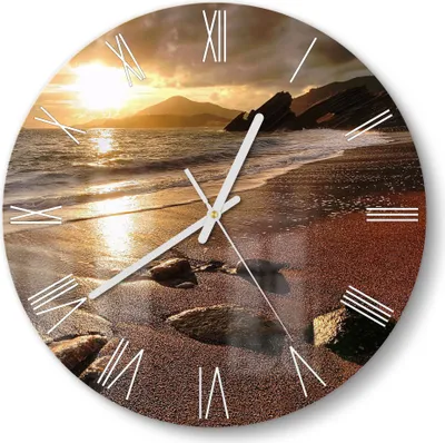 Produktbild von DEQORI Glasuhr Ø30 cm Römisch 'Strand im Sonnenuntergang' Wanduhr Glas Uhr Design leise