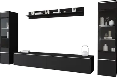 Produktbild von MIRJAN24 Wohnwand Vera II, Stilvoll Wohnzimmer-Set, TV-Schrank, Modern Mediawand (Schwarzer Graphit, mit Beleuchtung)