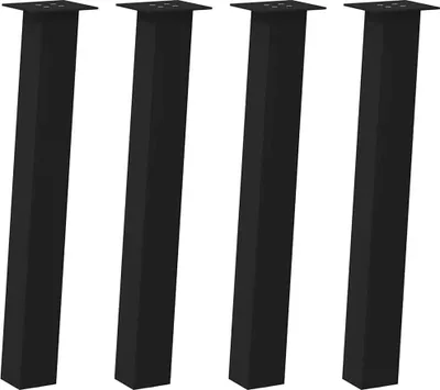 Four black metal table legs are arranged in a row against a white background.