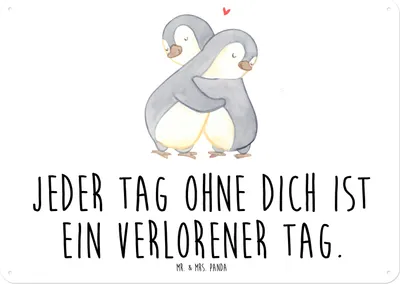 Produktbild von Mr. & Mrs. Panda tafel Pinguine Kuscheln DIN A5 - Weiß - Geschenk, Schild, Metallschild, Wandschild, Wandbild, für Partner, Hochzeitstag, Freundin, Valentinstag, Frauen