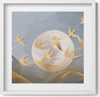 Produktbild von Illustration des Mondes und fliegender Vögel– Wandbild mit Rahmen – Gerahmtes Bild  – Wanddekoration – 50x50 cm –  Weiß Rahmen