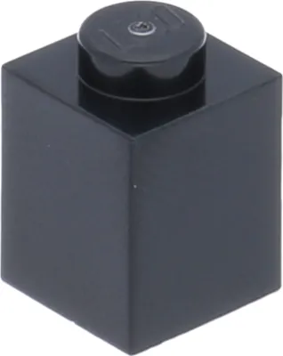 A single black LEGO brick is shown from a slightly elevated angle against a white background.