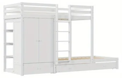 Productafbeelding van Kinder Stapelbed met Uittrekbed en Kledingkast – Ruimtebesparend Kinderbed met Opbergruimte – Wit