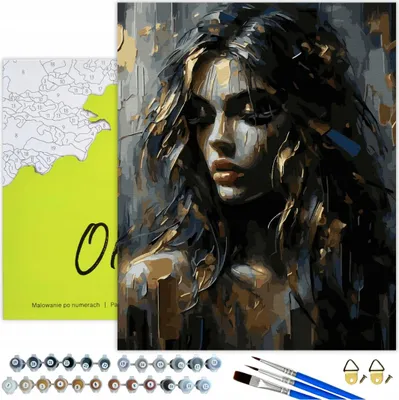 Zdjęcie produktu dla Malowanie liczbami portret dorosłej kobiety ciemny 50x40 - 26 kolorów akrylu, płótno z drewnianą ramą, 3 pędzle, akcesoria, złota farba Oh Art!