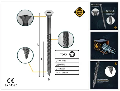 Obrázok produktu pre FORTE Tools Univerzálna skrutka do dreva 5,0 x 90 mm T25 100 ks ( 000040113885 ) strieborná pozinkovaná Torx so zápustnou hlavou s čiastočným závitom