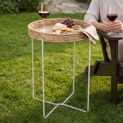 Produktbild von Mai & Mai Beistelltisch rund Ø37×H55 cm, Couchtisch klein mit abnehmbarem Tablett aus Papierkordel, Weiß Reglo-08
