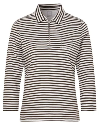 Produktbild von RABE Damen T-Shirt mit Polokragen, Reißverschluss, Ringel & Strass, Schoko, Gr. 44