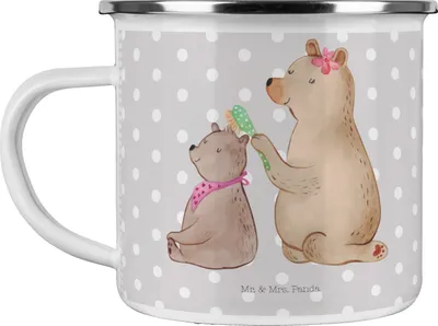 Produktbild von Mr. & Mrs. Panda Teetasse Bär Kind - Grau Pastell - Geschenk, Emaille Tasse, Mama, Teebecher, Muttertag, Mutter, Haferl, Becher, Oma, Pott, Familie