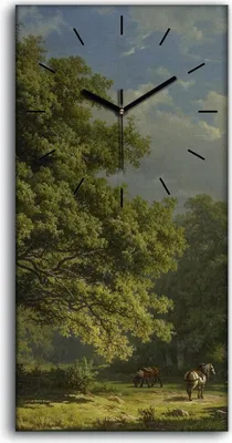 Produktbild von Leinwand Uhr Küche Wohnzimmer Bild 30x60 Malerei Wald Bäume Himmel Wolken Pferd - schwarze Hände