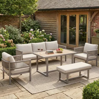 Produktbild von Flieks Gartenlounge-Set 5 teilig, Balkonmöbelset mit 3-Sitzer-Sofa, 2 Sessel, eine Bank und einen Esstisch, Gartenmöbel-Set für 5-7 Personen, Beige