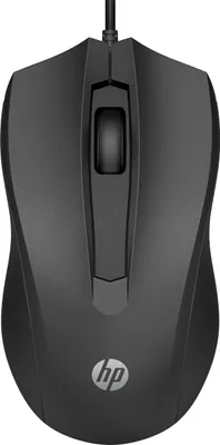 A top-down view of a black HP computer mouse against a white background.