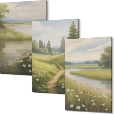 Produktbild von Leinwandbilder – Wandbilder – Leinwandbild – Canvas Bild – Polycanvas – Kunstdruck –  – Modern – Aufhängefertig – Mehrteilig – 3-Teilig – 20x30 Cm Pro Bild - Frühlingslandschaft mit Fluss, Weg und Blumenwiese