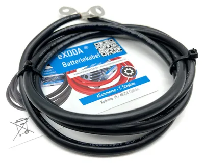 Zdjęcie produktu dla Przewód akumulatorowy 25 mm² 200 cm, miedziany, z pierścieniowymi końcówkami M10, czarny, 12 V, samochodowy