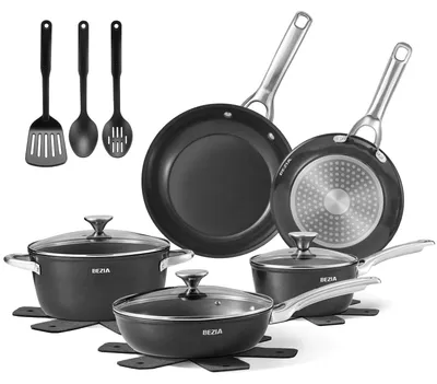 15-tlg. Induktions-Kochgeschirr-Set, Keramik-Antihaft, Edelstahl, Schwarz