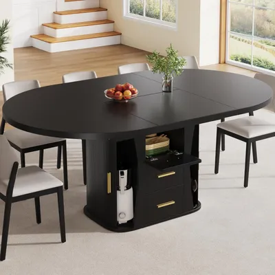 Immagine prodotto di Tavolo da pranzo estendibile, rotondo che diventa ovale, dimensioni da 118 a 158 cm, colore nero, spazio per 6 persone