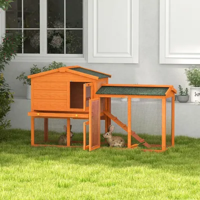 Image de Cage pour lapin, adaptée à l'extérieur, résistante aux intempéries, en bois massif, en bois de sapin, de couleur orange