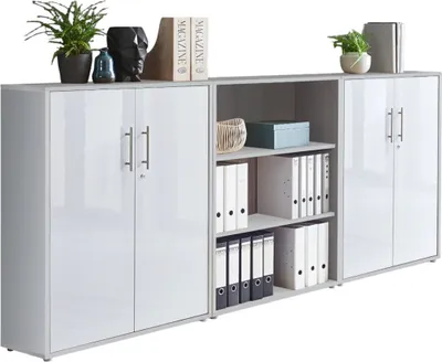Produktbild von Aktenschrank TABOR 9 in lichtgrau / weiß Hochglanz, Schrankwand, Büroschrank, abschließbar, Metallgriffe