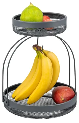 Imagen del producto de Expositor de frutas Eluno de 2 niveles con soporte para plátanos, cesta para pan y cesta para frutas en metal gris.