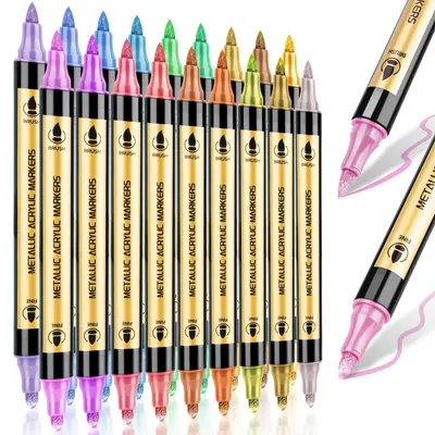 Produktbild von Metallic Marker Stifte Set 18 Farben Dual Tip Pinsel Fein Acryl für Stoff Holz Glas Scrapbook