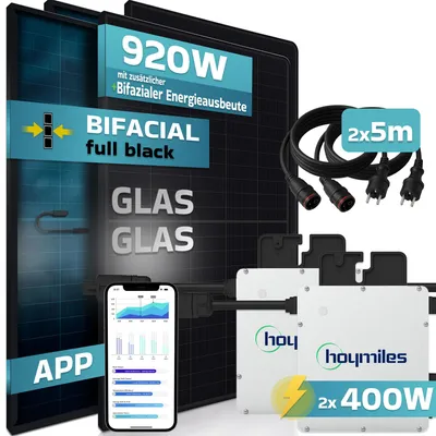 Produktbild von SUNNIVA® 920W Balkonkraftwerk BIFAZIAL FULLBLACK komplett Steckdose HOYMILES 2x 400 Watt Wechselrichter, Komplettset 2x460W PV Solaranlage Solarmodule
