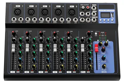 Obrázek produktu pro Audio mixážní pult – 7kanálový profesionální mixážní pult – Bluetooth – Vstup kompatibilní s HDMI – Výstup XLR – FM/AM rádio – USB MP3 přehrávač – 48V fantomové napájení