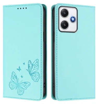 Produktbild von Lederhülle für Xiaomi Poco M6 Pro 5G/Redmi 12 4G/5G, Schmetterling Prägung Leder Brieftasche Schutzhülle mit Ständer Türkis
